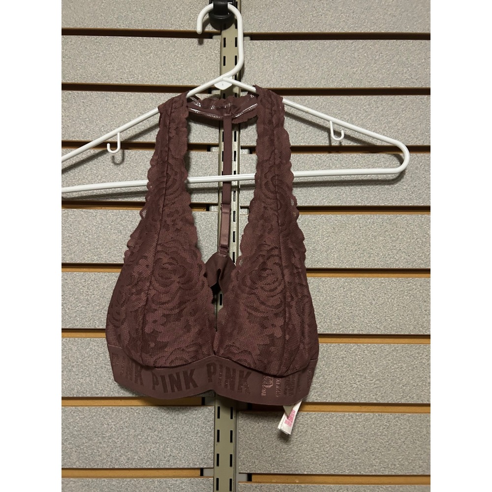 PINK Victoria's Secret Floral Lace Halter Bralette Plum Mauve Medium